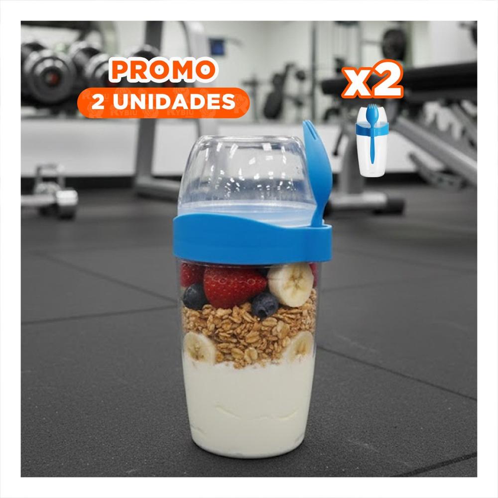 Pack2 Vaso Yogurero Grande Azul 2 en 1 con Cubierto para Trabajo o Universidad