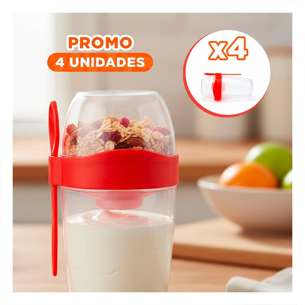 Pack4 Vaso para Yogurt 2 en 1 con Cubierto Grande Rojo para Viajes YRegalo Sticker
