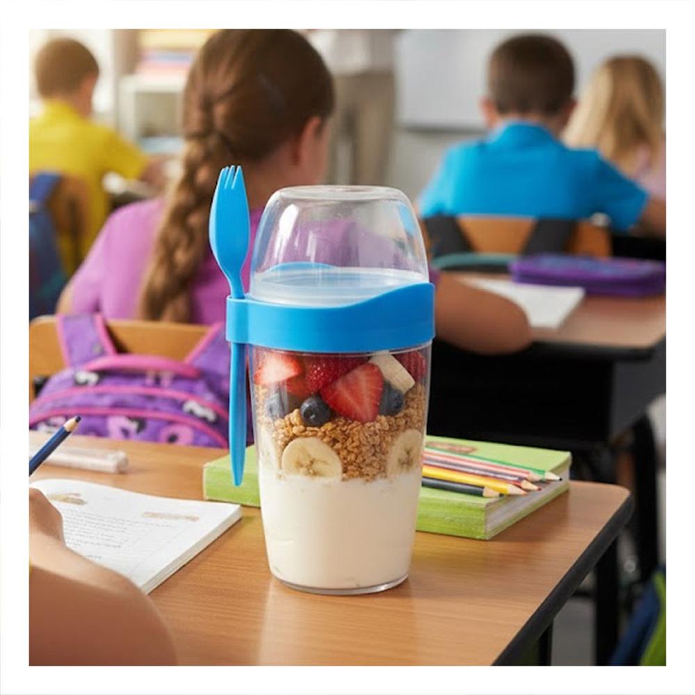 Yogurtera Portatil 2 en 1 con Cubierto Grande Azul para Desayuno Fuera de Casa Y notas