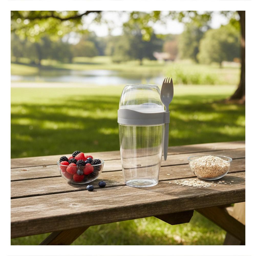 Vaso Yogurero 2 en 1 con Cubierto Grande Plomo para Llevar Snacks y Fruta YPapel Regalo