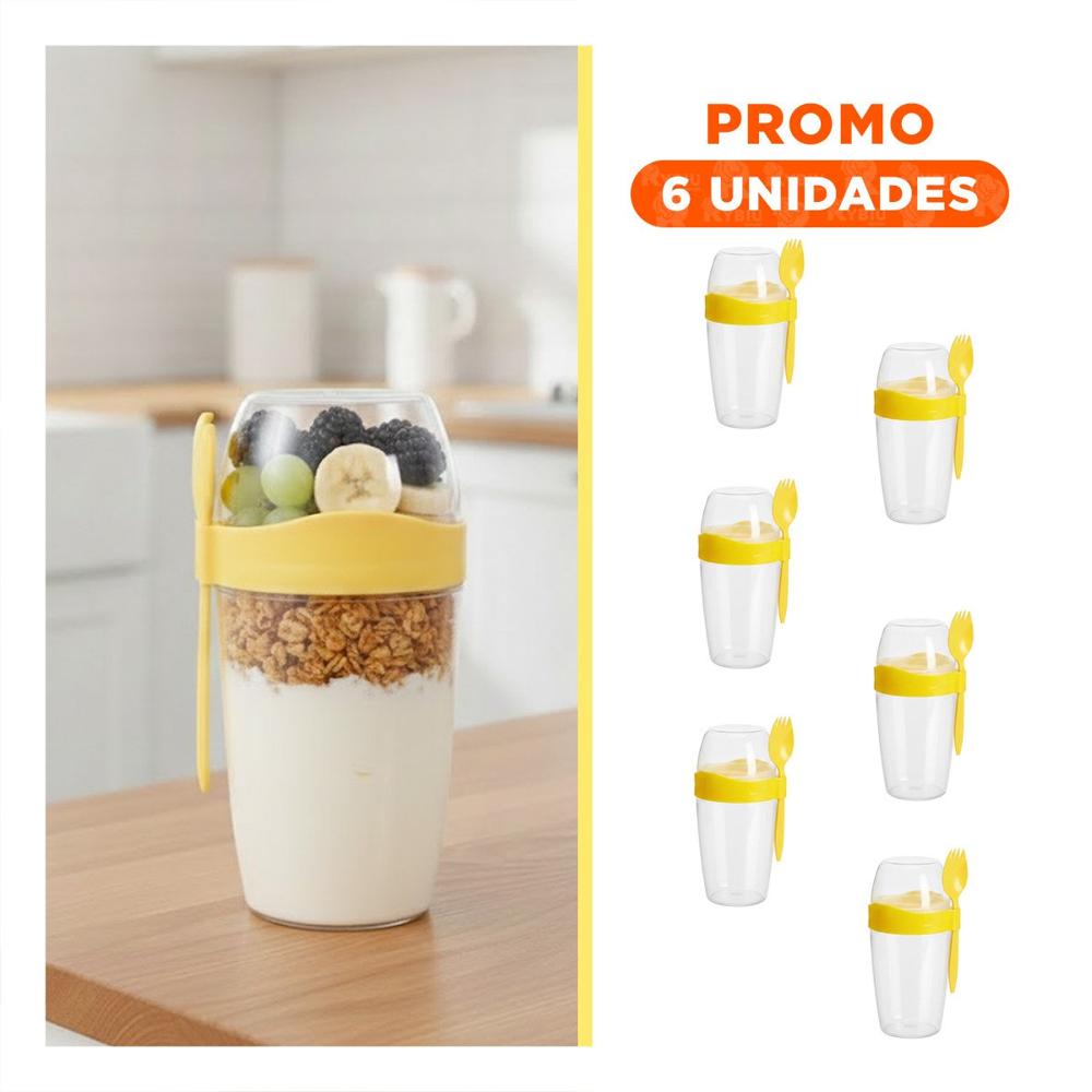 Pack6 Taza para Yogurt 2 en 1 con Cubierto Grande Amarillo para Comer Fuera YRegalo Sticker