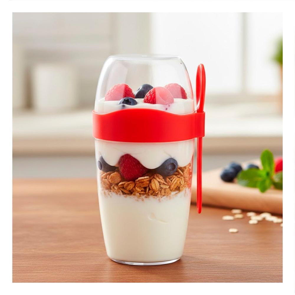 Vaso Yogurero 2 en 1 con Cubierto Grande Rojo para Llevar Snacks y Fruta YPapel Regalo