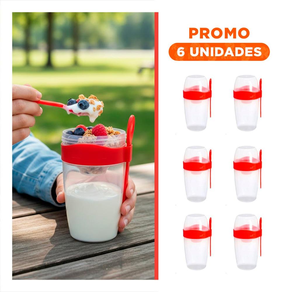 Pack6 Taza para Yogurt 2 en 1 con Cubierto Grande Rojo para Comer Fuera YRegalo Sticker
