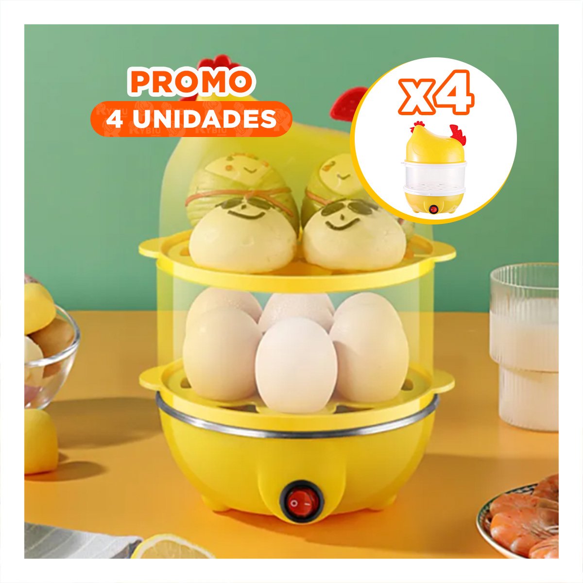 Pack4 Equipo de Cocina para Huevos Dos Niveles Amarillo Compacto y Practico YPapel Regalo