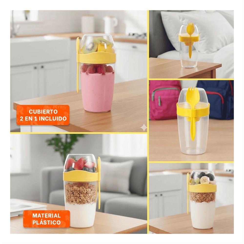 Contenedor Yogurtero 2 en 1 con Cubierto Grande Amarillo para Oficina y Estudio YLigas Regalo