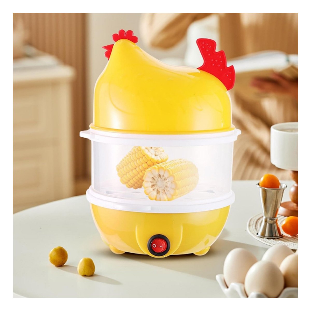 Gallina Hervidora de Huevos Dos Niveles Amarillo para Cocina Hogar