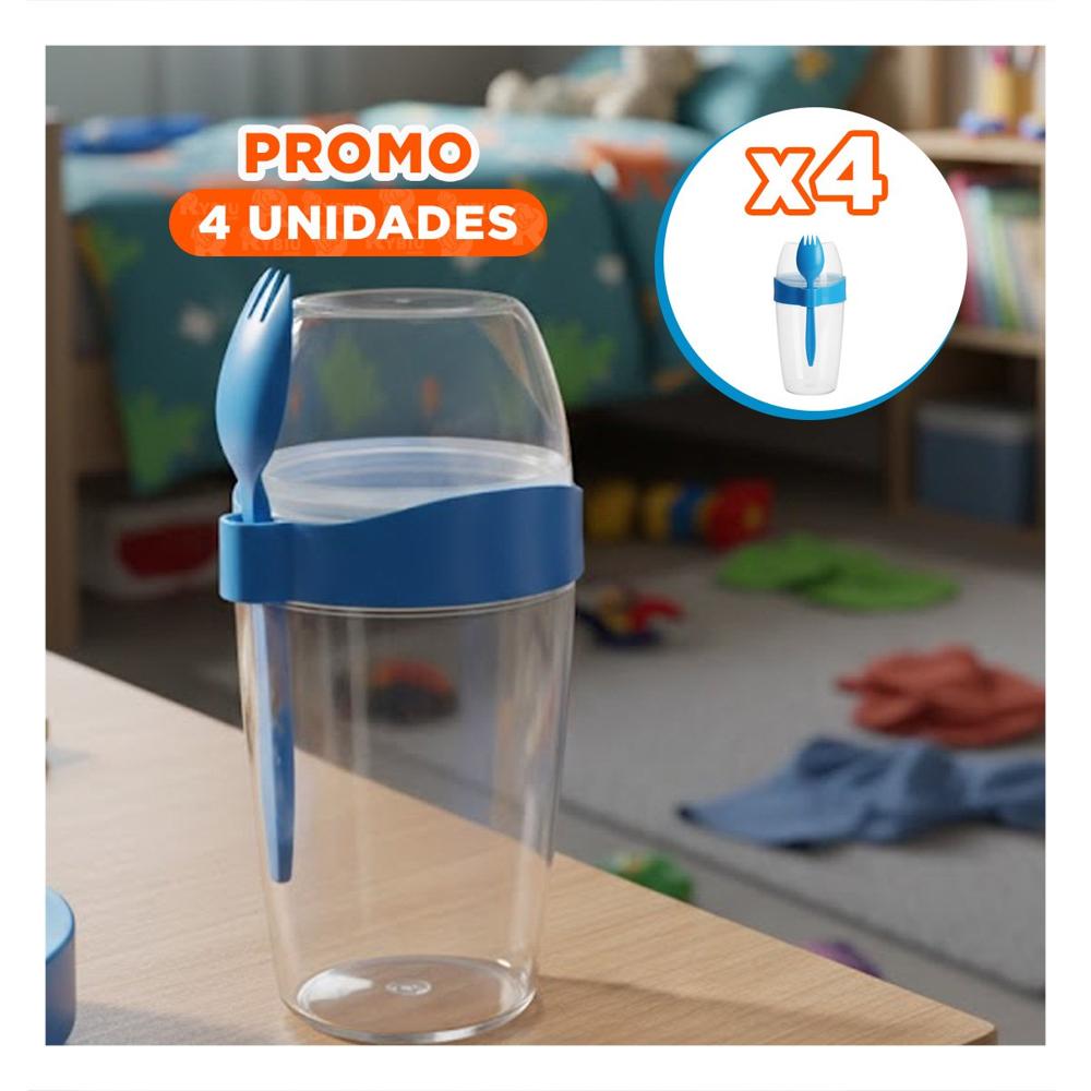 Pack4 Vaso para Yogurt 2 en 1 con Cubierto Grande Azul para Viajes YRegalo Sticker