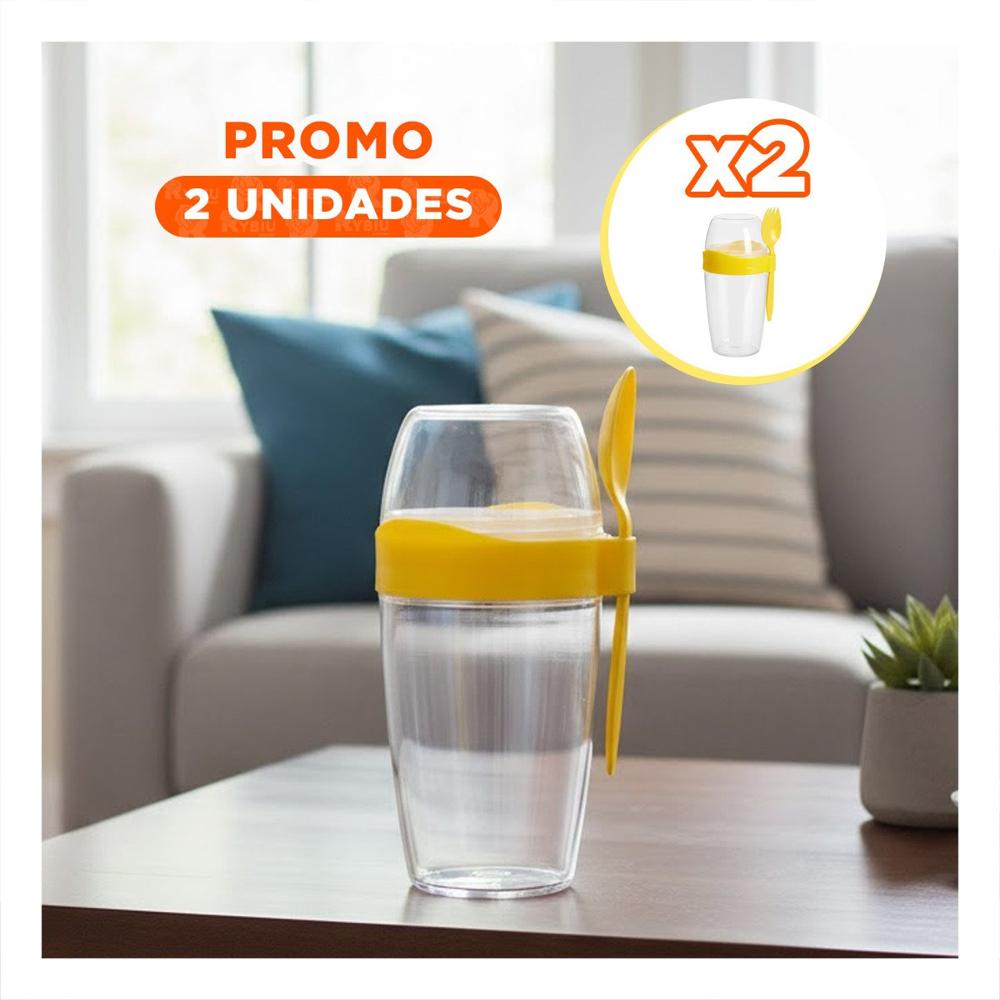 Pack2 Taza Yogurera Grande Amarillo 2 en 1 con Cubierto para Casa y Oficina YPapel Regalo