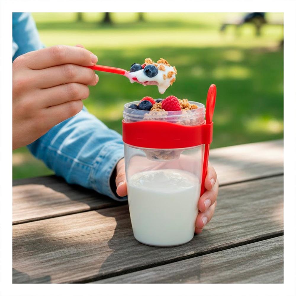 Yogurtera Portatil 2 en 1 con Cubierto Grande Rojo para Desayuno Fuera de Casa Y notas