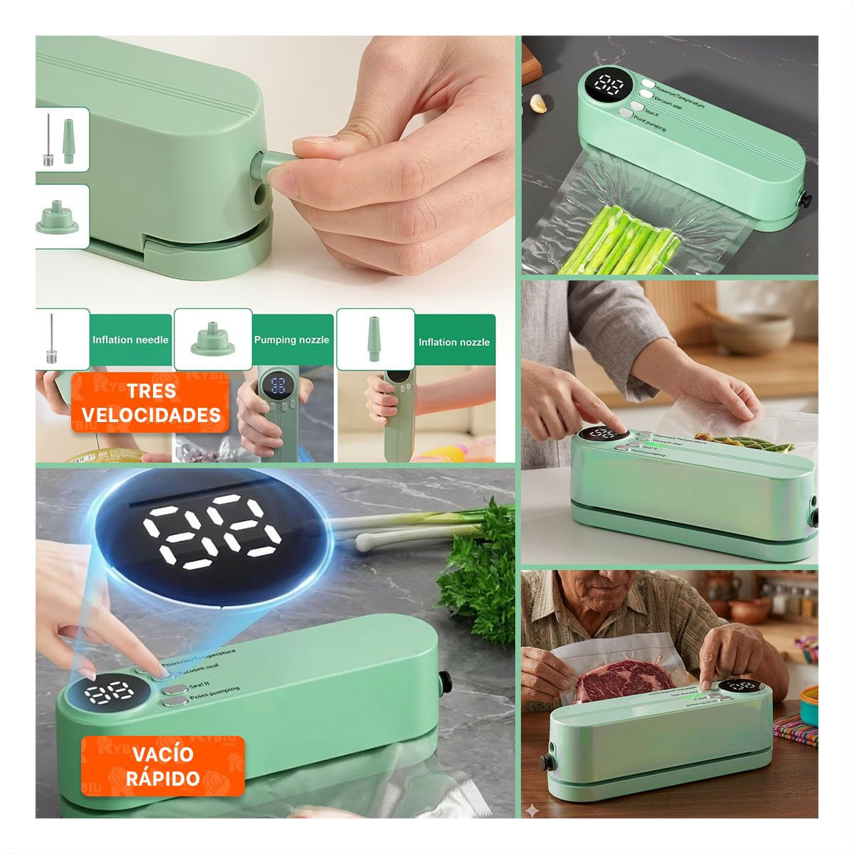Compresor Termico de Bolsas al Vacio Portatil Verde con Uso Practico en Casa YLigas Regalo