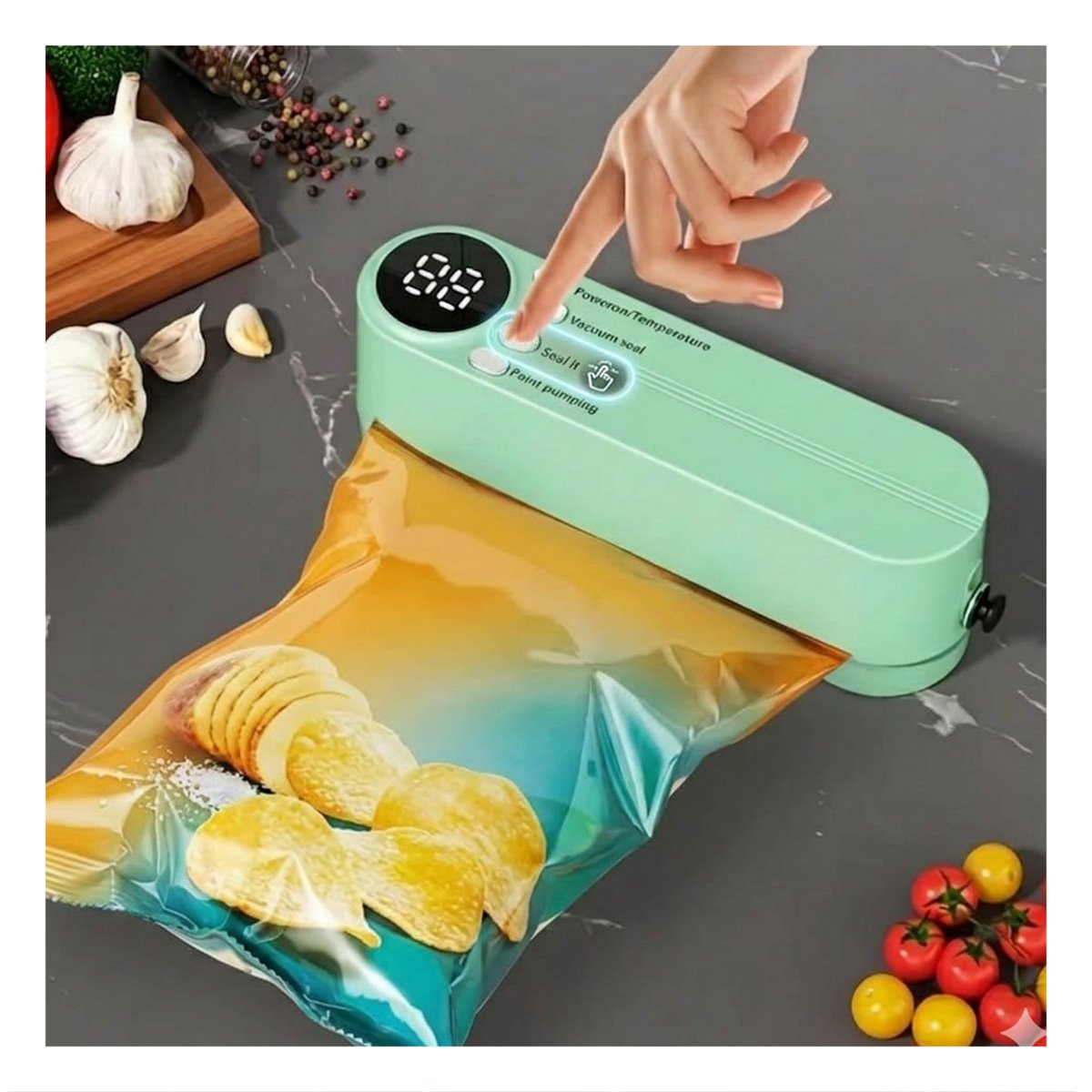 Maquina Compresora de Bolsas al Vacio Portatil Verde para Guardar Alimentos Y notas