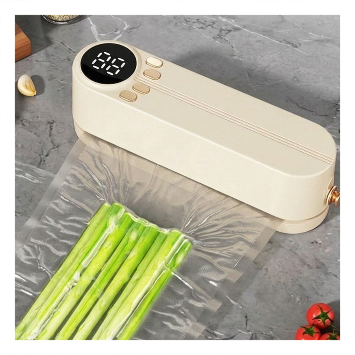 Compresor Termico al Vacio Portatil Beige para Bolsas en Cocina Hogar Facil Uso Y notas