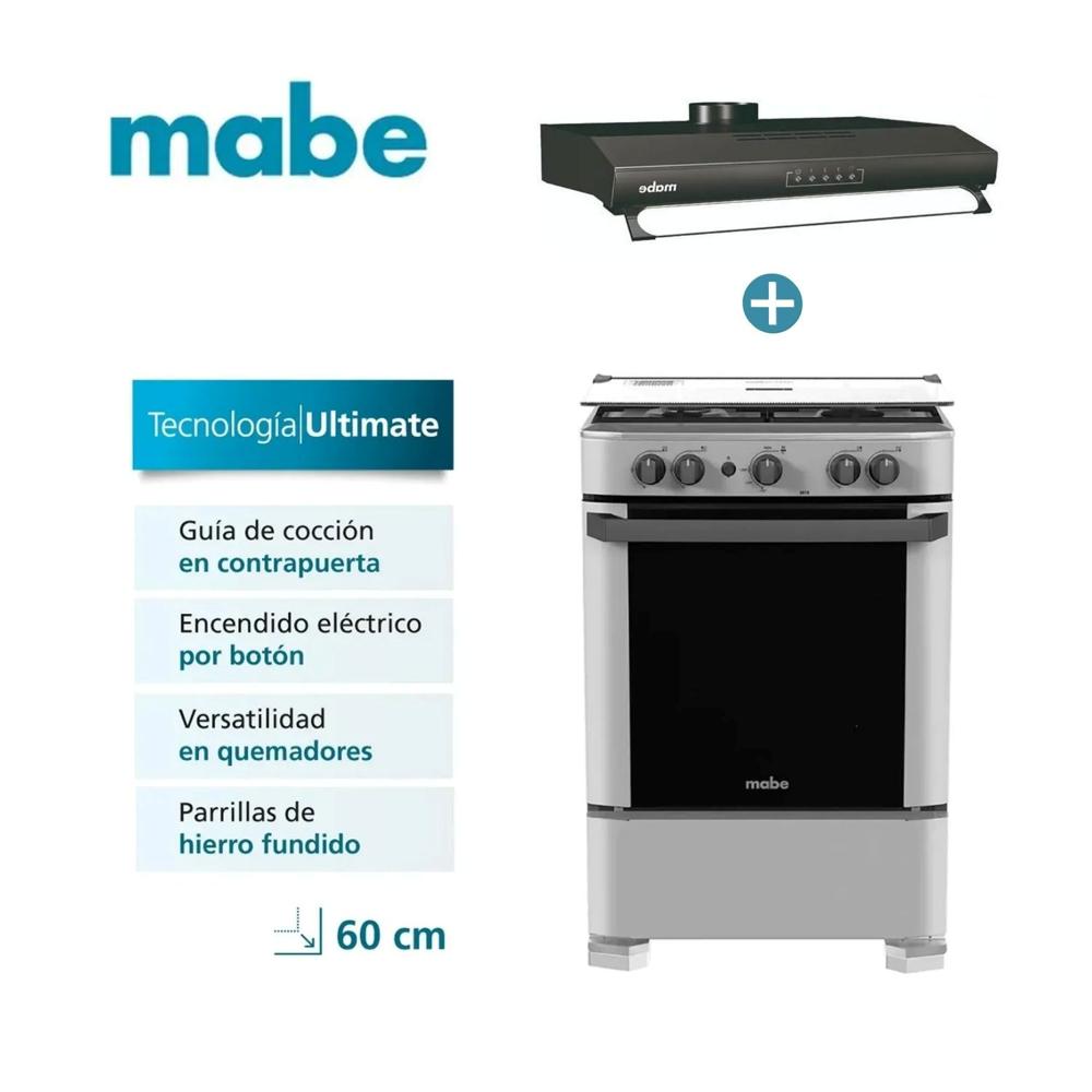 COMBO Cocina de Piso a Gas 60cm Silver Mabe CMP6010FG1 MÁS  Campana Extractora CMU6020PB0 60 CM