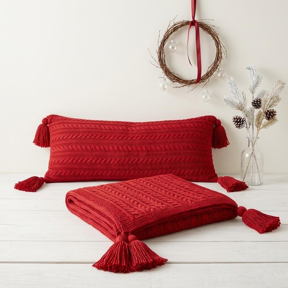 Set Cojín Manta Boho Trenzas XL Rojo Navideño con Borlas