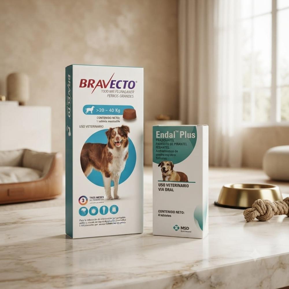 Antiparasitario y desparasitante Bravecto y Endal Plus 20 a 40 kg. Pack de Bienestar Total