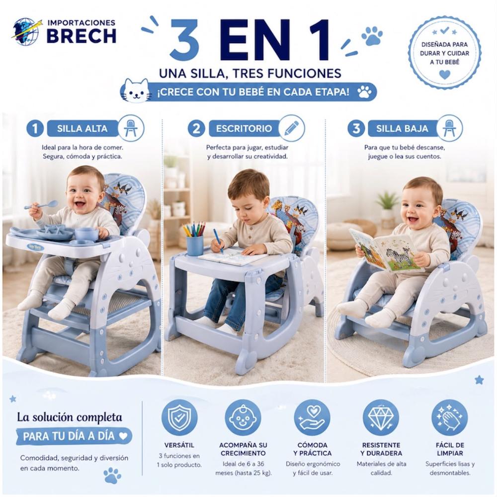 SILLA DE COMER PARA BEBÉ 3 EN 1 GATO CON BLUETOOTH - MUSICA - MESA DIDÁCTICA Y ACCESORIOS PREMIUM