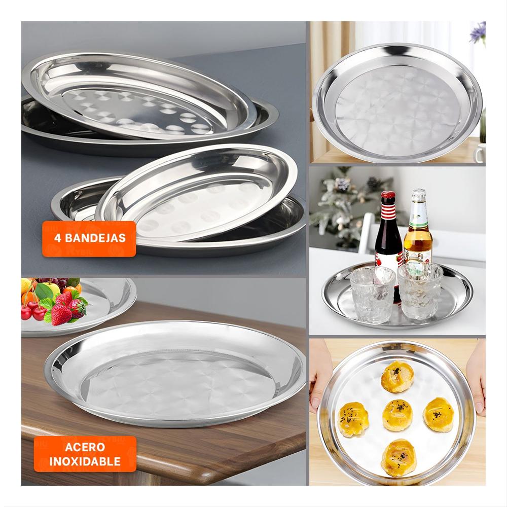 Charolas de Acero Redondas en Set de 4 Piezas para Comedor Y Ligas Regalo