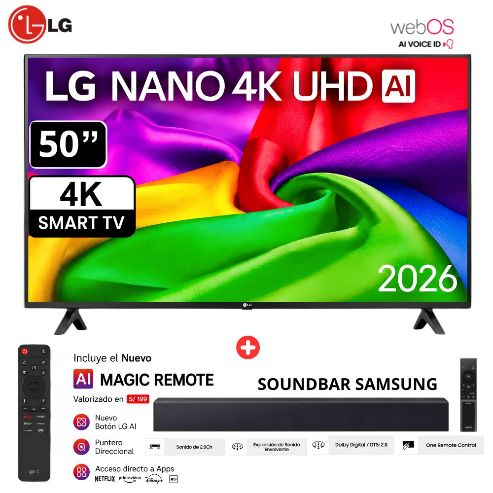Televisor LG 50 NANO 4K UHD AI Smart TV 50NU800BPSB  2026 - SOUNDBAR SAMSUNG