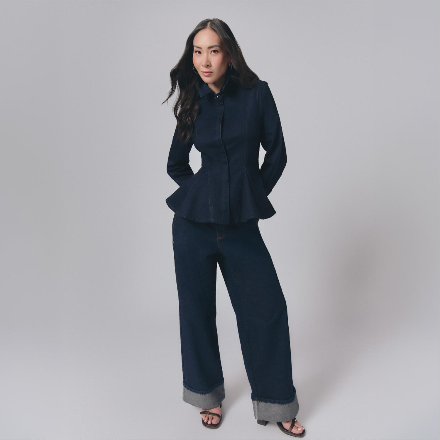 Blusa Mujer Peplum Malabar Manga Larga Azul Marino M