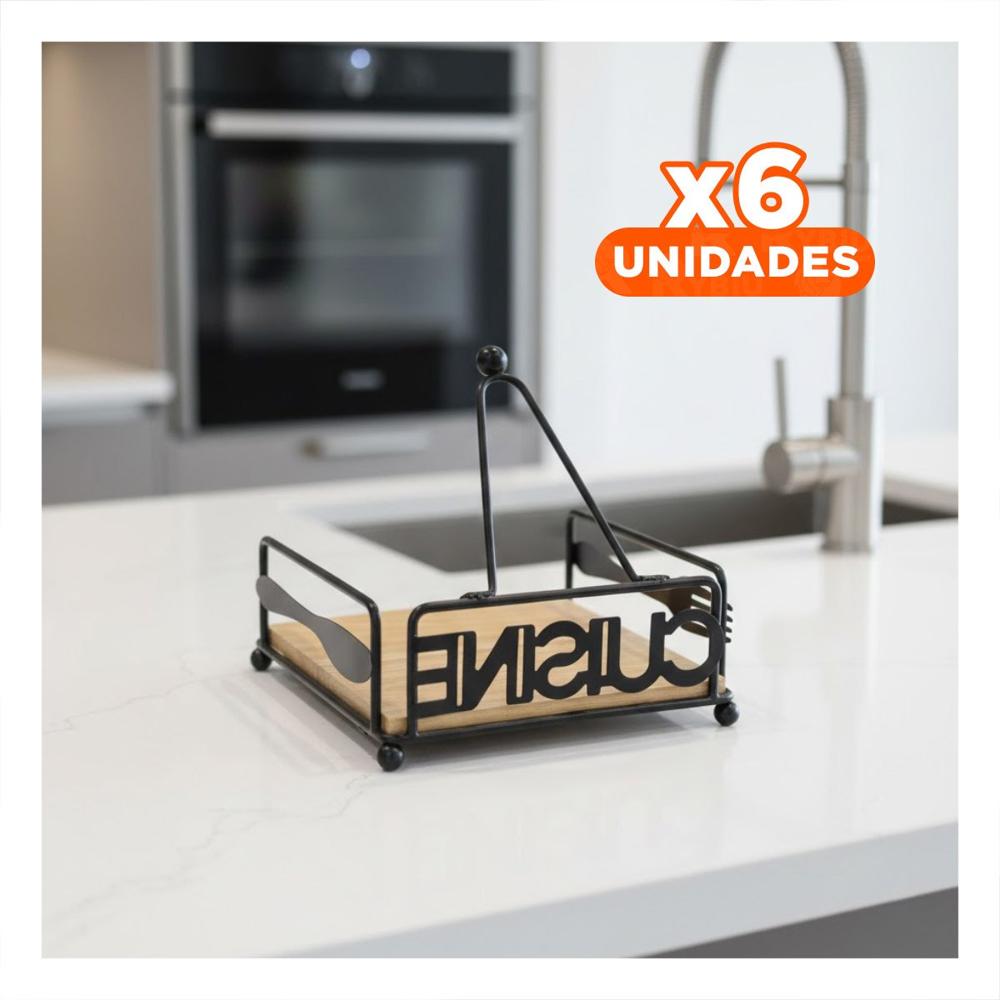 Pack6 Organizador Porta Servilletas de Madera y Acero Negro Y Papel Regalo