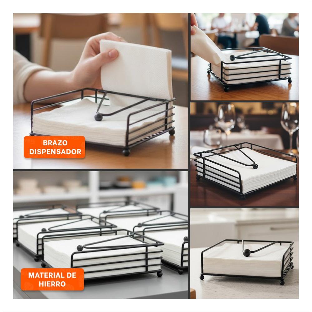 Servilletero Compacto en Hierro Color Negro con Brazo Dispensador para Comedor Y Ligas Regalo