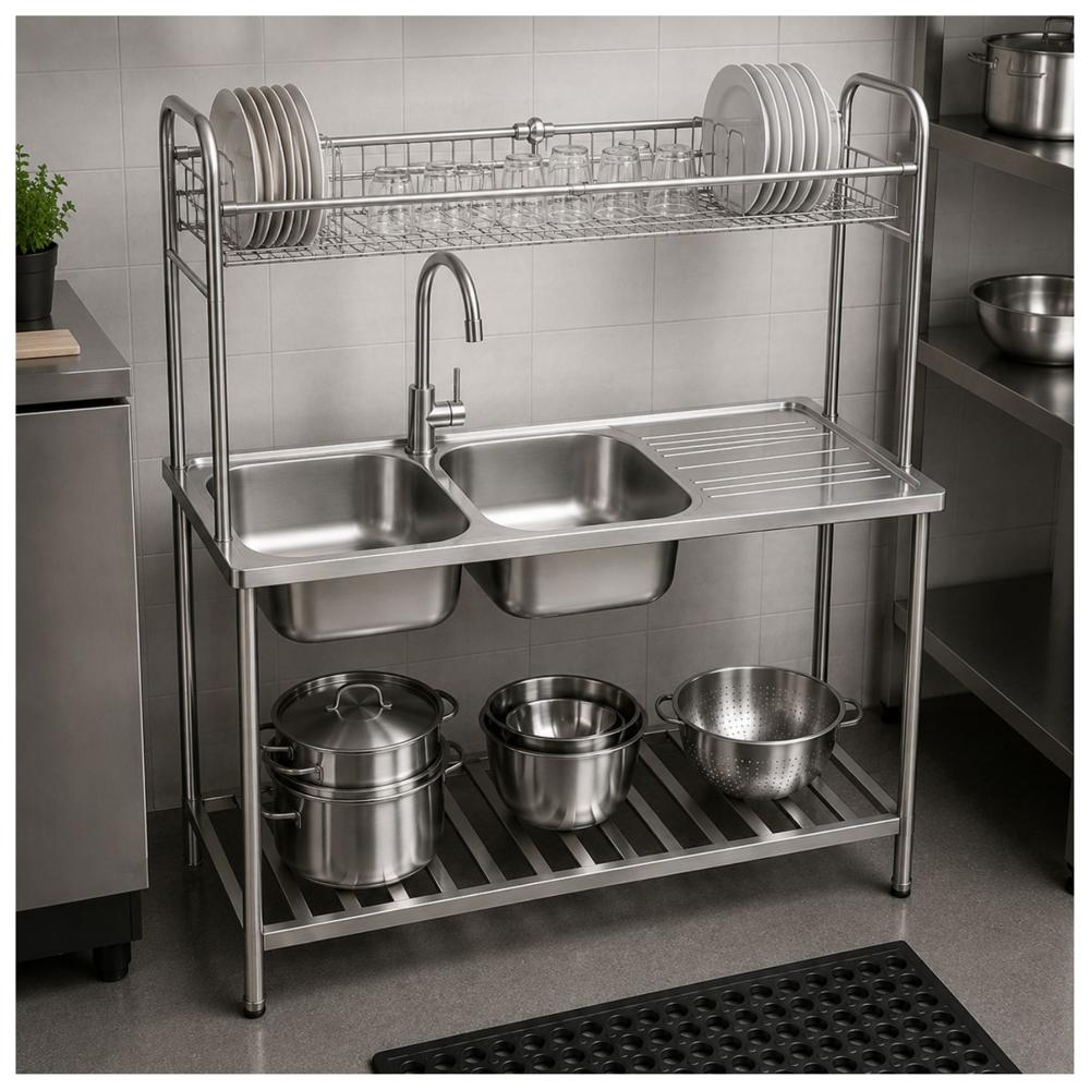 Lavadero Multifuncional de Cocina 2 Pozas con Escurridor y Repisas 120 cm