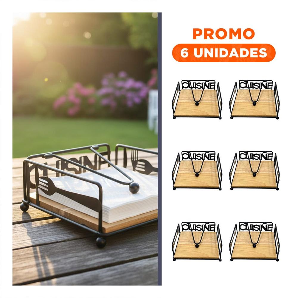 Pack6 Accesorio Porta Servilletas de Madera y Acero Negro Y Regalo Sticker