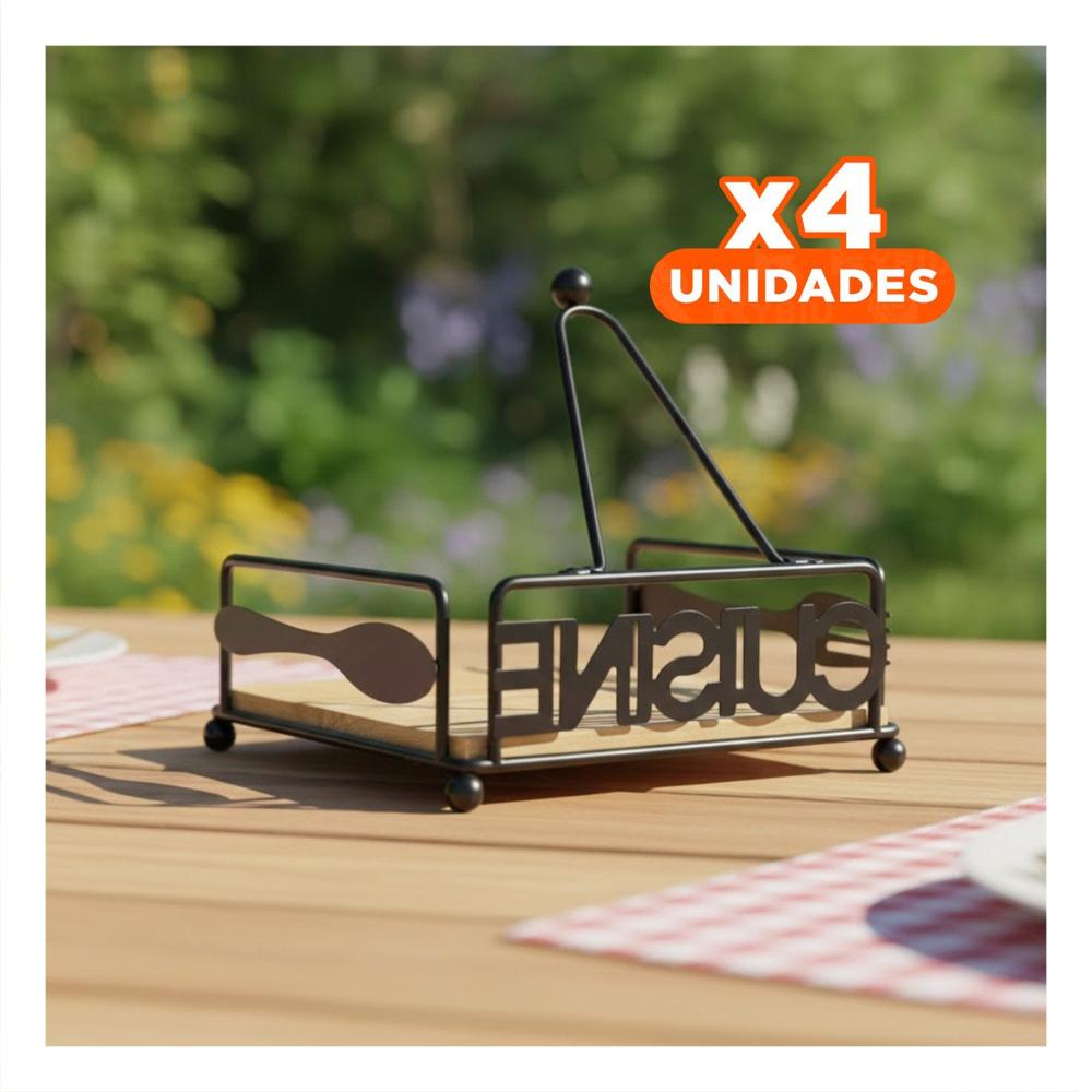 Pack4 Porta Servilletas de Mesa de Madera y Acero Negro Y Papel Regalo