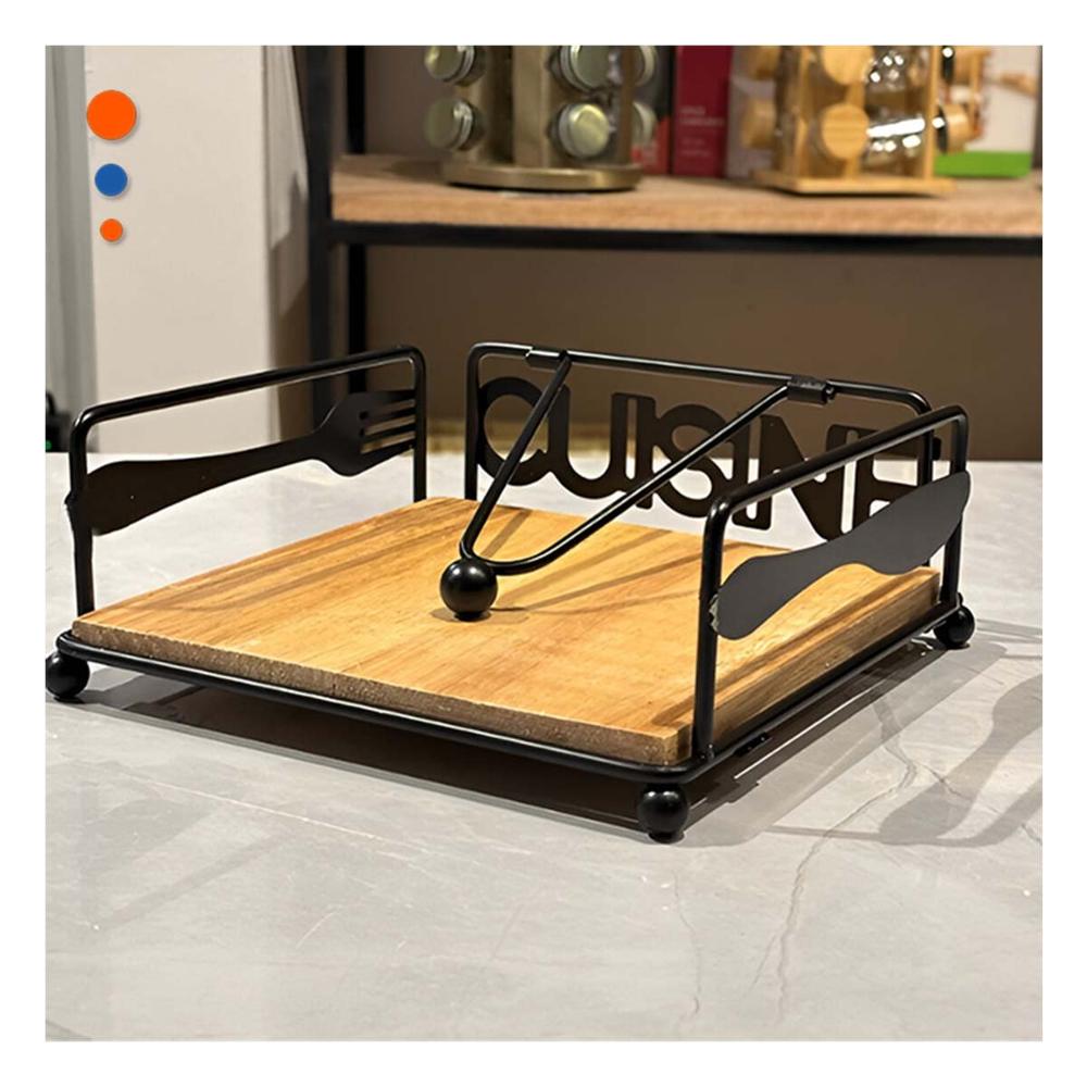 Porta Servilletas de Madera y Acero Negro para Mesa y Comedor