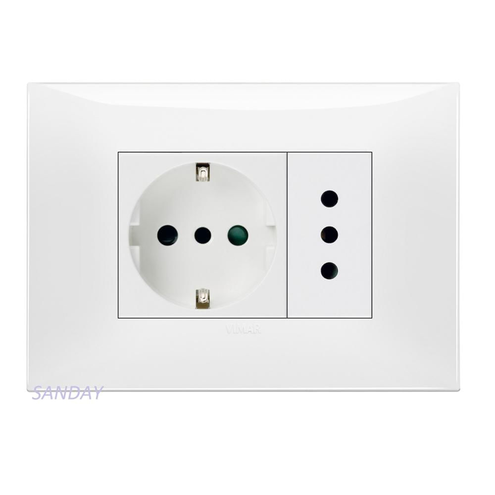 TOMACORRIENTE DOBLE 1 SCHUKO Y 1 3 EN LINEA NEVE UP PLACA BLANCA Y DADOS BLANCOS VIMAR