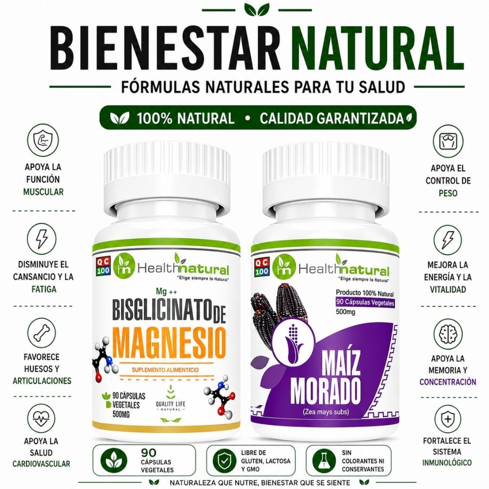 BISGLICINATO DE MAGNESIO HEALTHNATURAL  Y MAIZ MORADO HEALTHNATURAL