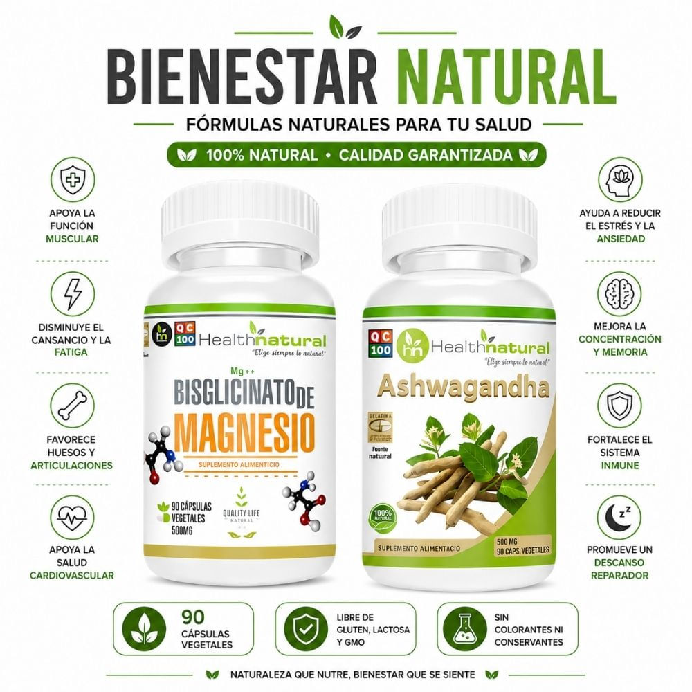 BISGLICINATO DE MAGNESIO HEALTHNATURAL Y ASHWAGANDHA HEALTHNATURAL