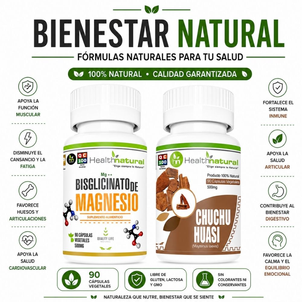 BISGLICINATO DE MAGNESIO HEALTHNATURAL Y CHUCHUHUASI HEALTHNATURAL
