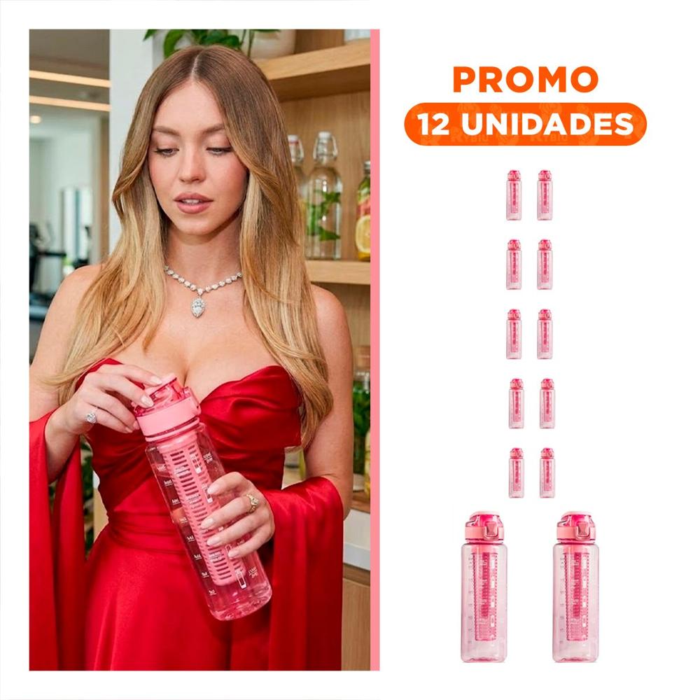 Pack12 Bidon Moderna con Filtro 1000 Ml Rosado Transparente para Actividades al Aire Libre