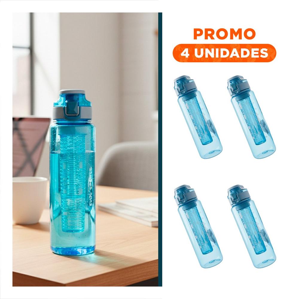 Pack4 Envase Transparente con Filtro 1000ml Azul para Llevar Agua y Jugos