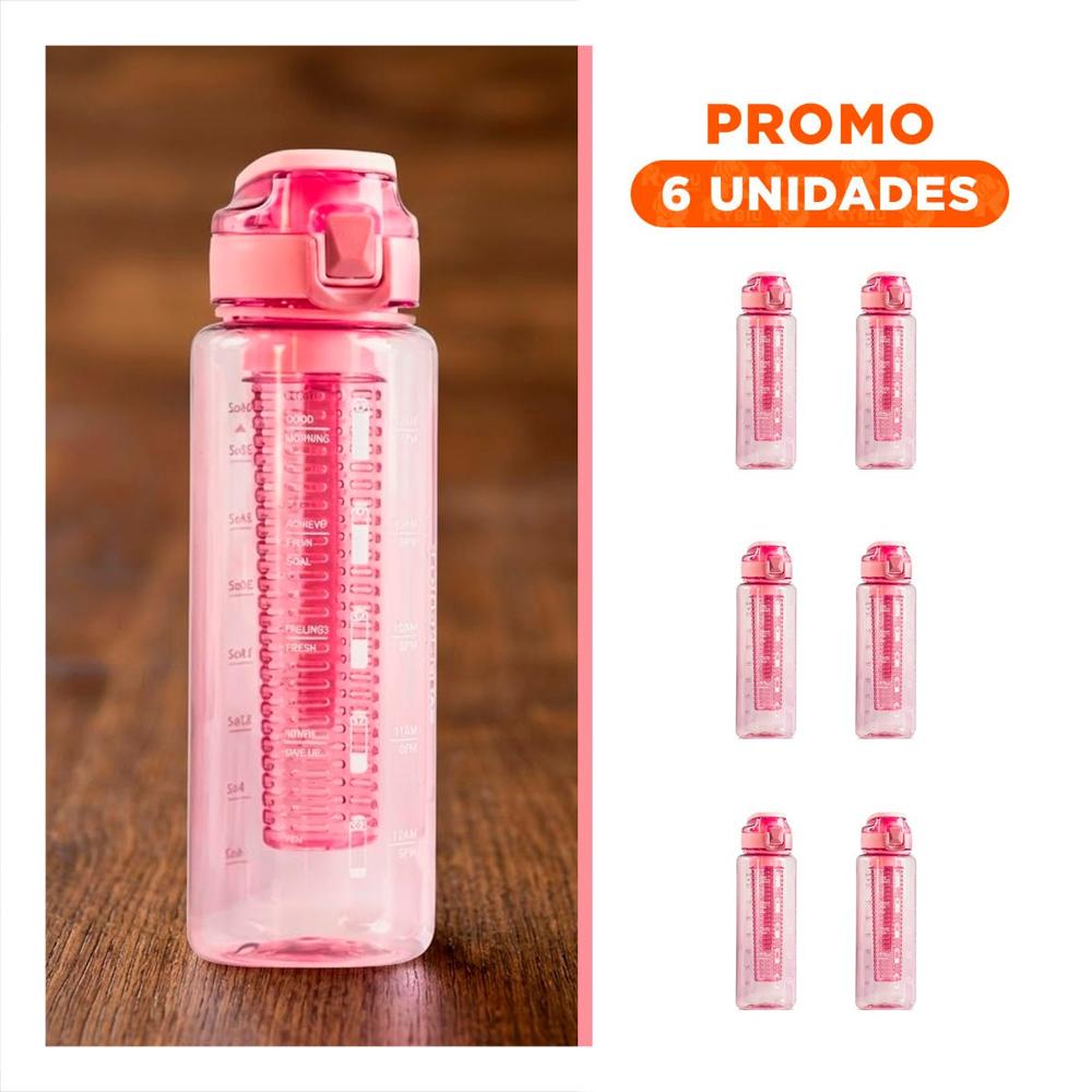 Pack6 Bidon Funcional con Filtro 1000 Ml Rosado Transparente para Hidratacion YRegalo Sticker