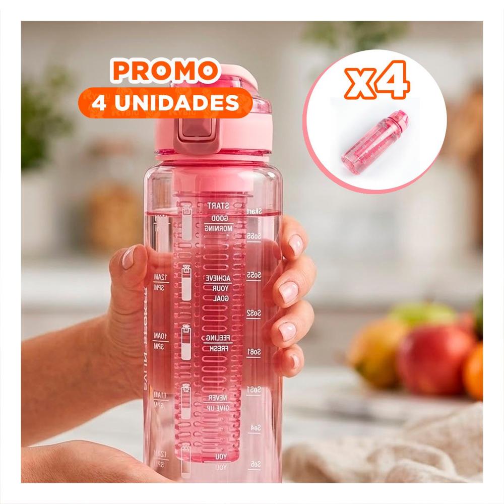 Pack4 Bidon Deportivo con Filtro 1000 Ml Rosado Transparente de Entrenamientos YRegalo Sticker