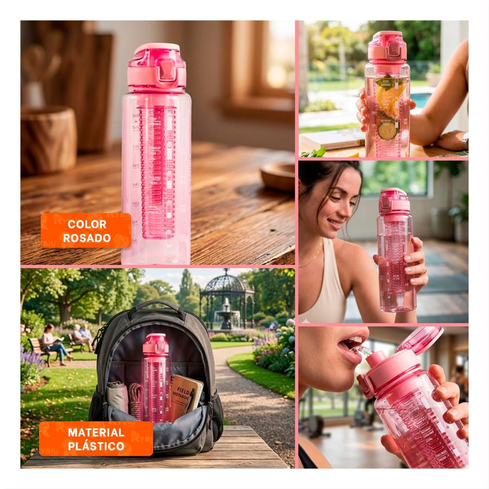 Cantimplora con Filtro 1000 ml Rosado Transparente para Continua en Actividades YLigas Regalo