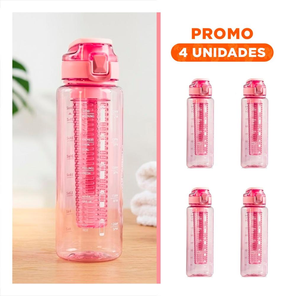 Pack4 Botella Practica con Filtro 1000 Ml Rosado Transparente para Hidratacion Constante