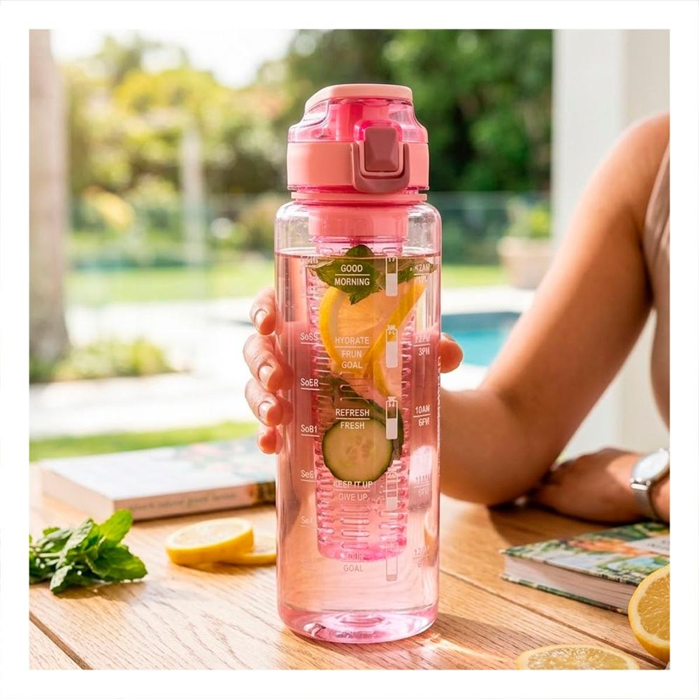 Bidon con Filtro 1000 ml Rosado Transparente para Uso Diario en Casa YPapel Regalo