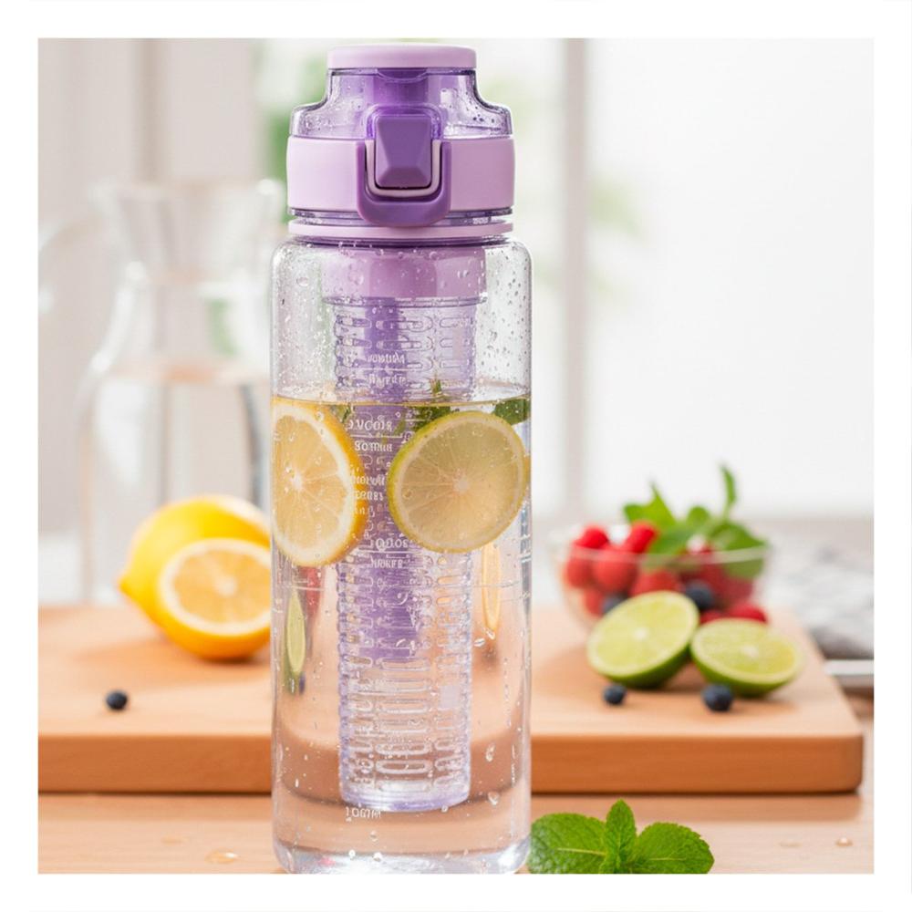 Frasco Portatil con Filtro 1000ml Lila Transparente para Beber Agua en Movimiento Y notas