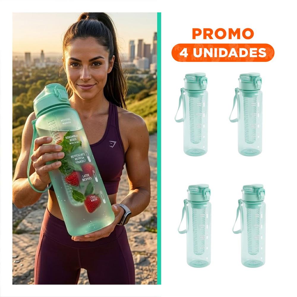Pack4 Envase Transparente con Filtro 1000ml Verde para Llevar Agua y Jugos