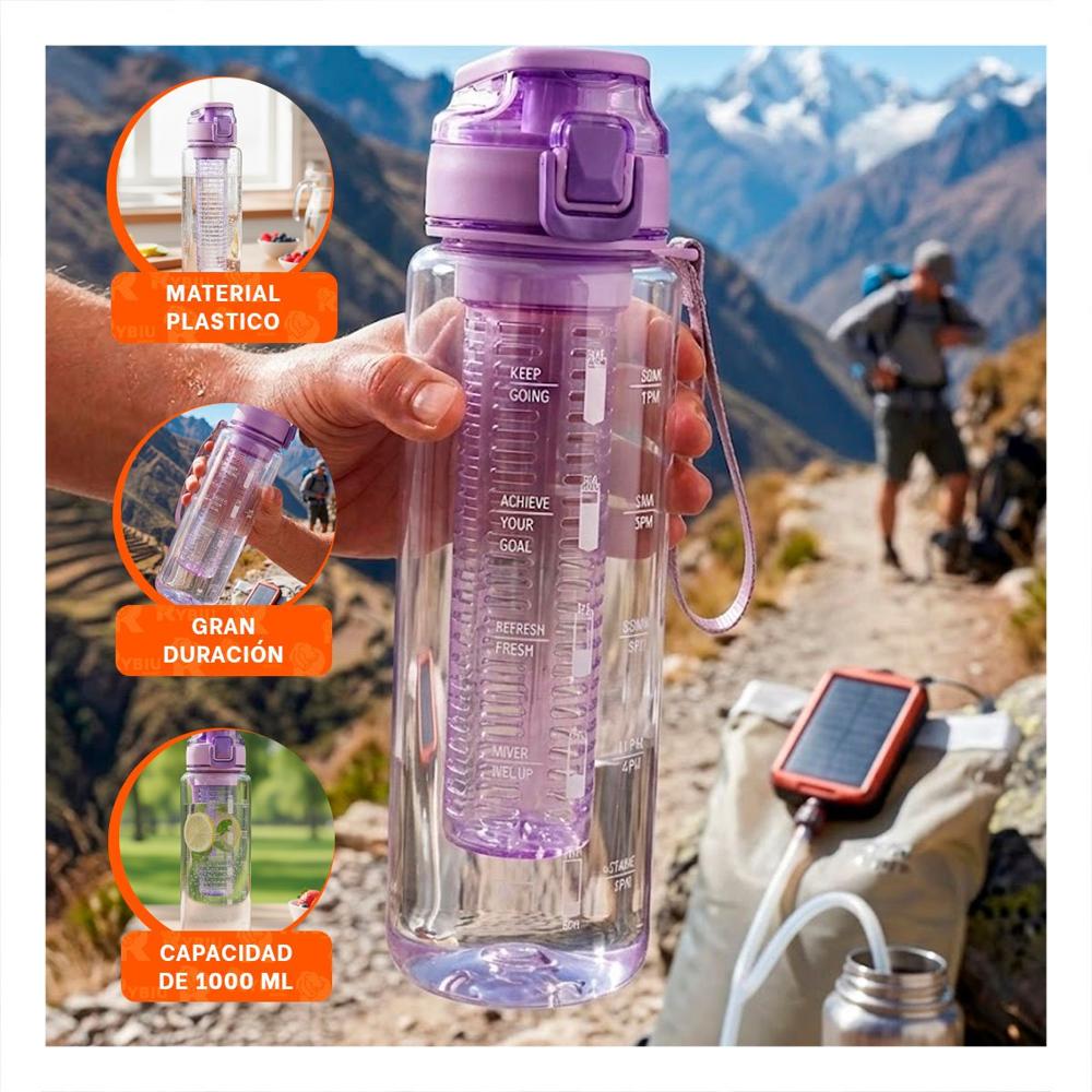 Contenedor de Agua con Filtro 1000ml Lila Transparente perfecto para Deporte YLigas Regalo