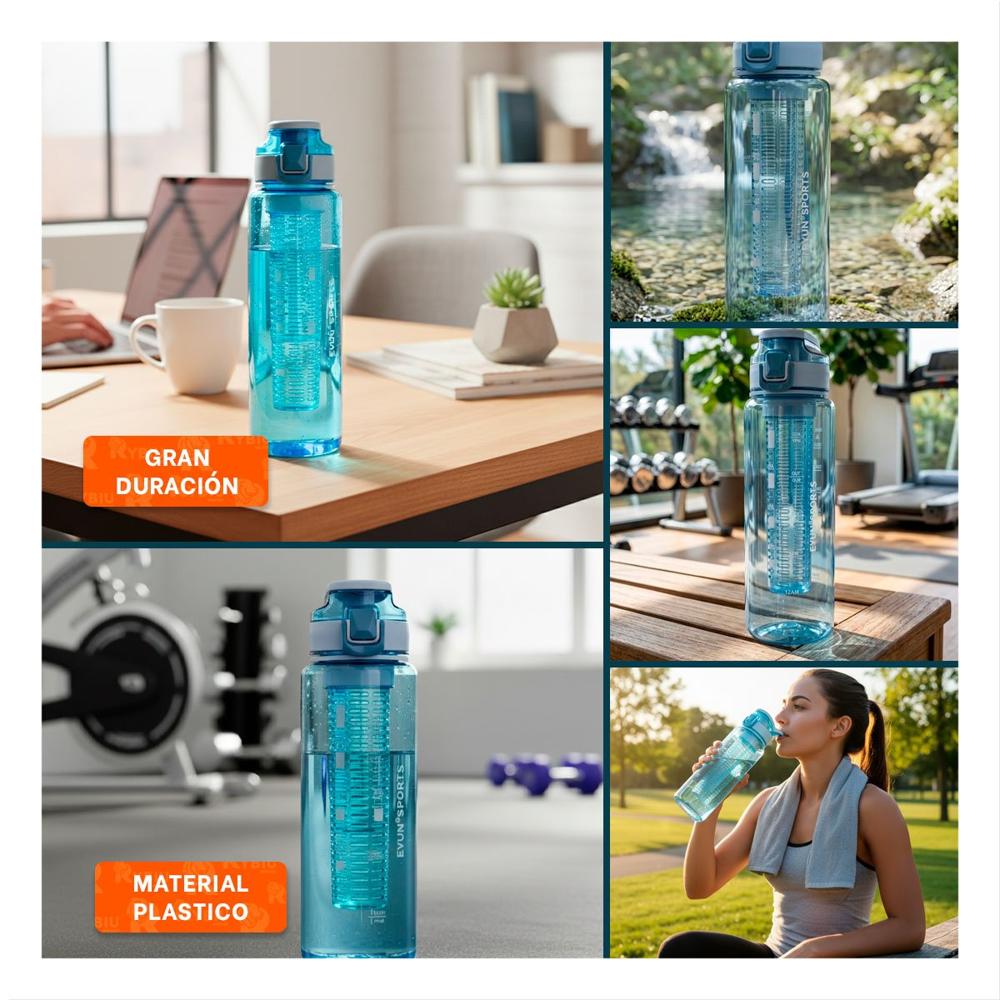 Contenedor de Agua con Filtro 1000ml Azul Transparente perfecto para Deporte YLigas Regalo