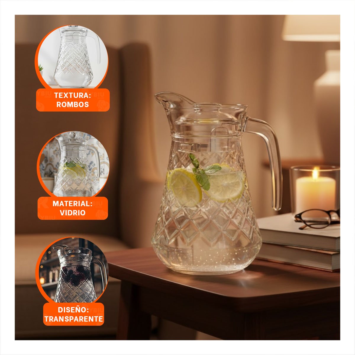 Pack2 Recipiente de Vidrio con Tapa Diseno Rombos 1400 ml Transparente