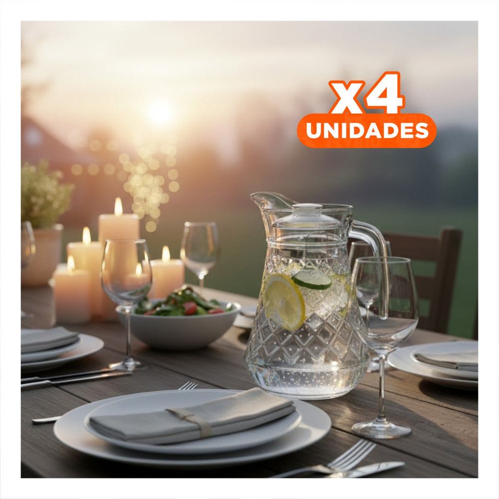 Pack4 Vaso Jarra de Vidrio con Tapa Diseno Rombos 1400 ml Y Regalo Sticker