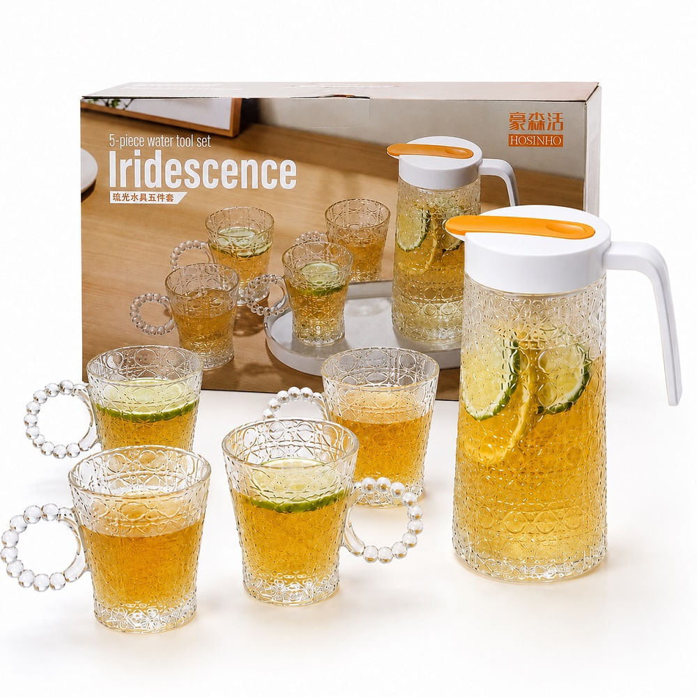 Juego de Jarra y 4 Vasos de Vidrio