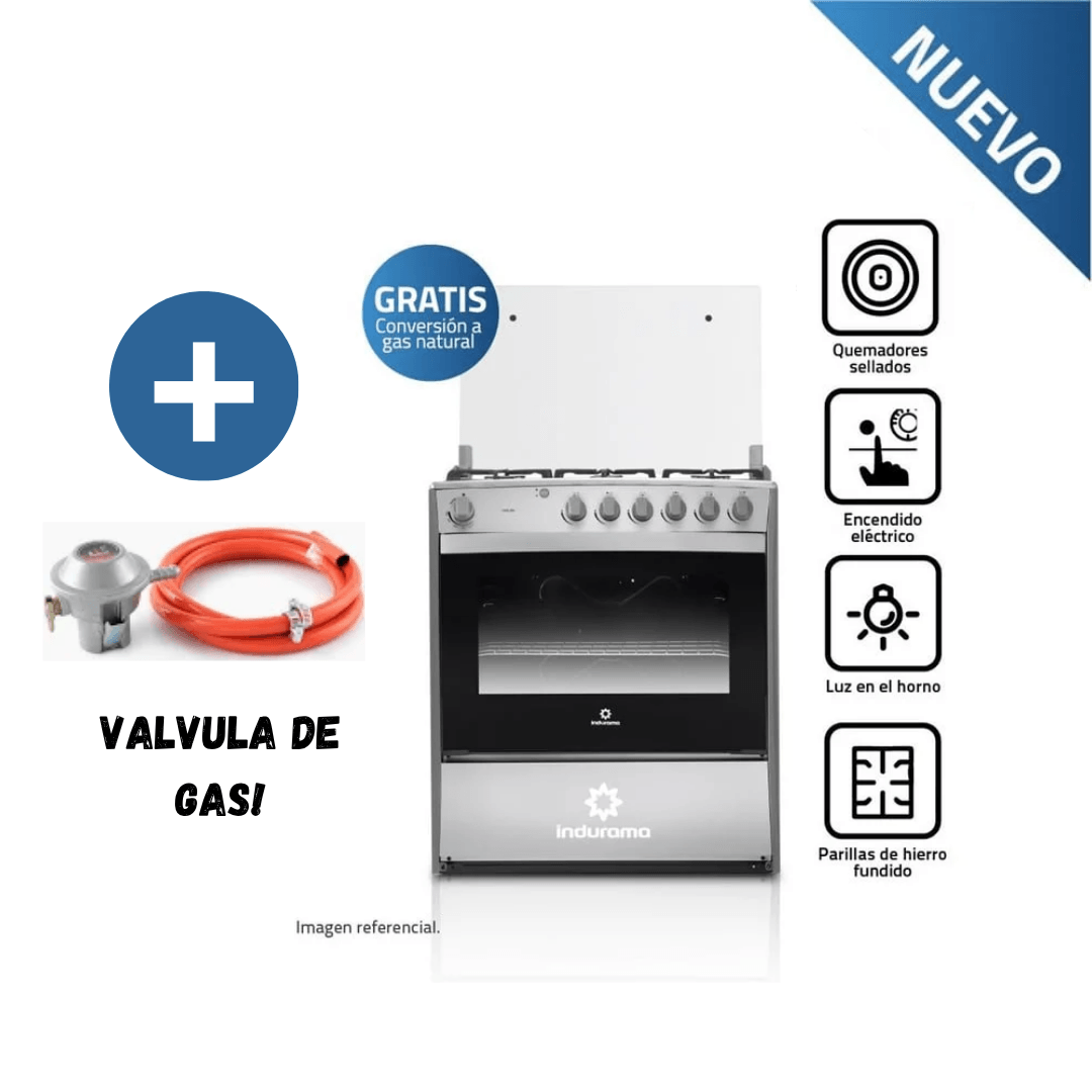 Cocina Indurama a Gas Cataluña QZ 6 Hornillas Croma MAS Válvula De Gas