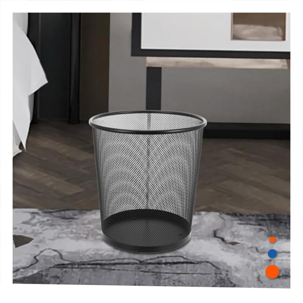 Contenedor de basura negro metalica circular para oficina dormitorio y sala Y notas