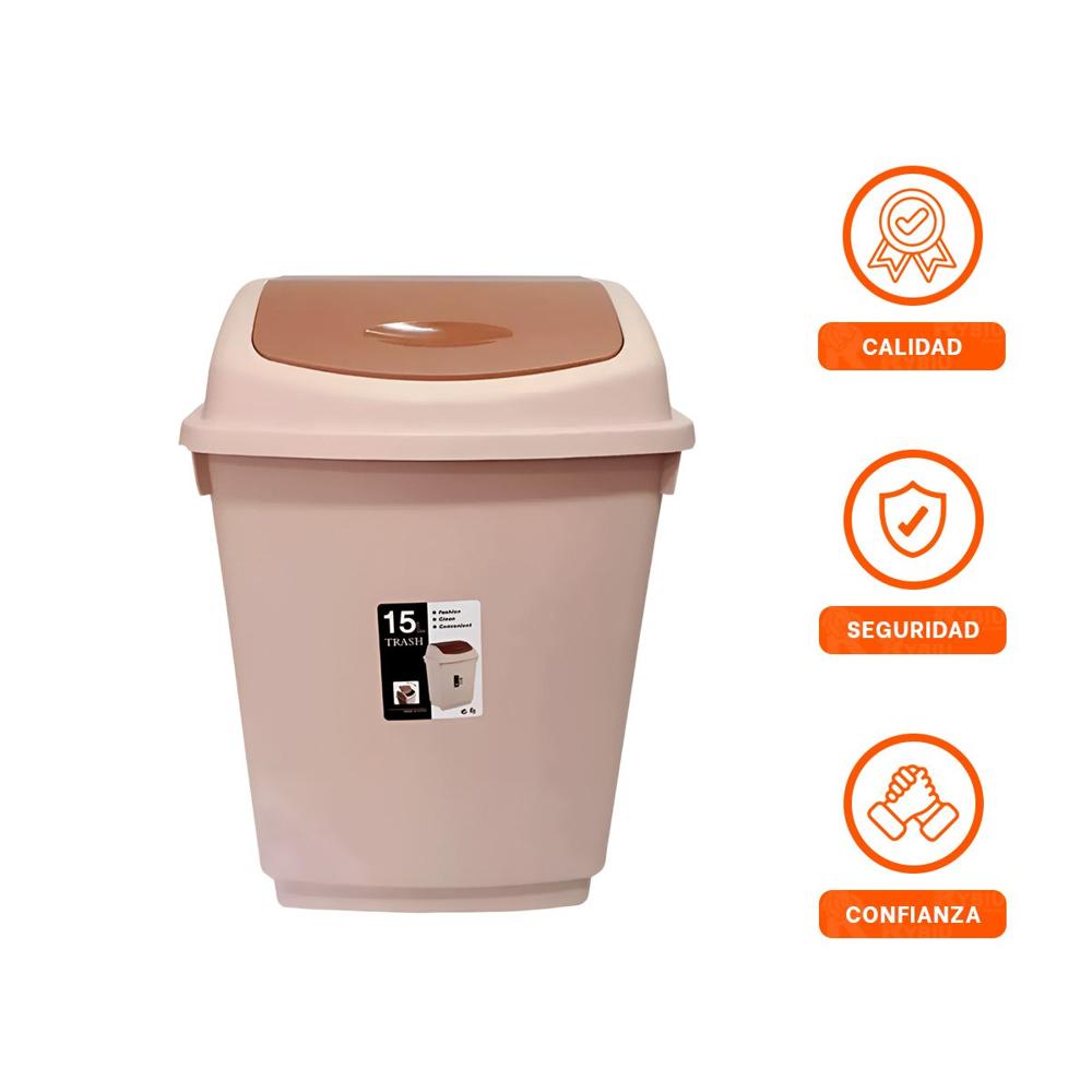 Recipiente con Tapa Vaiven para Basura Color Marron 15L Y Ligas Regalo